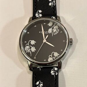 Coach Grand Floral Watch With 36mm Face & Black Leather Band